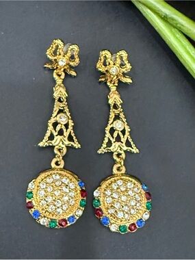 Unsigned Gold-tone Multicolored Rhinestones Drop Statement Earrings